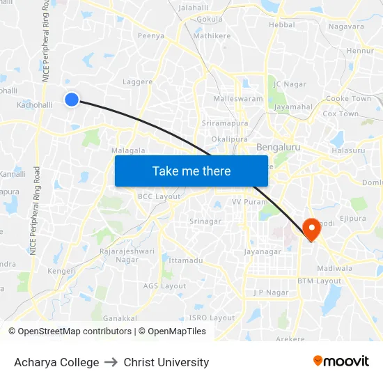 Acharya College to Christ University map