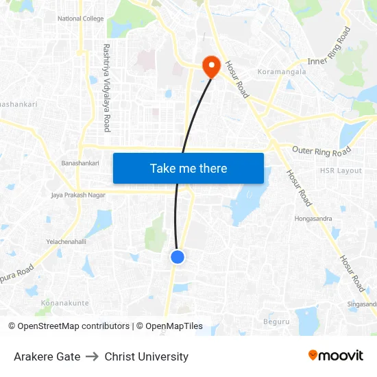 Arakere Gate to Christ University map