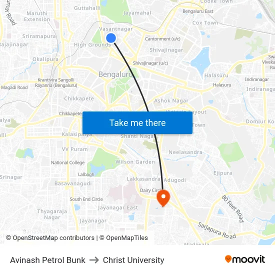 Avinash Petrol Bunk to Christ University map