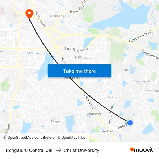 Bengaluru Central Jail to Christ University map