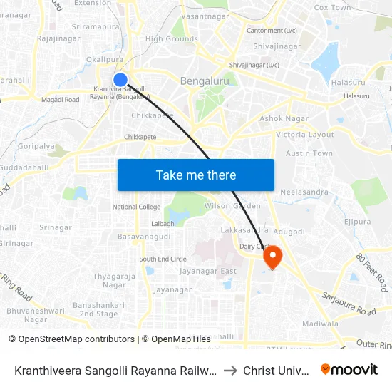 Kranthiveera Sangolli Rayanna Railway Station to Christ University map