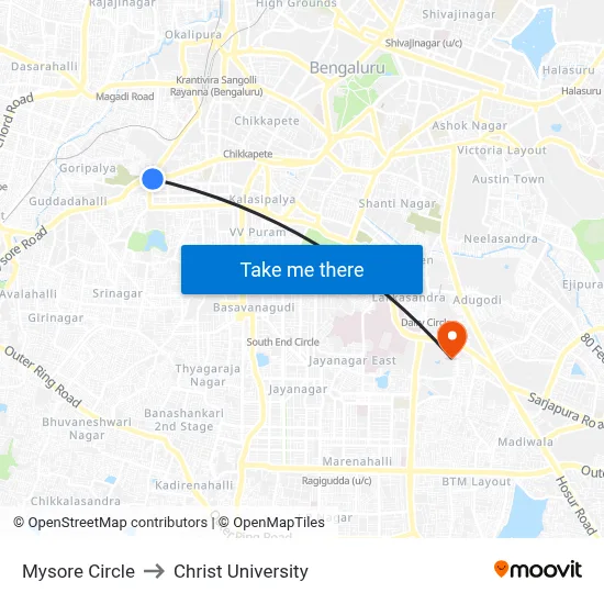 Mysore Circle to Christ University map