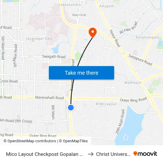 Mico Layout Checkpost Gopalan Mall to Christ University map