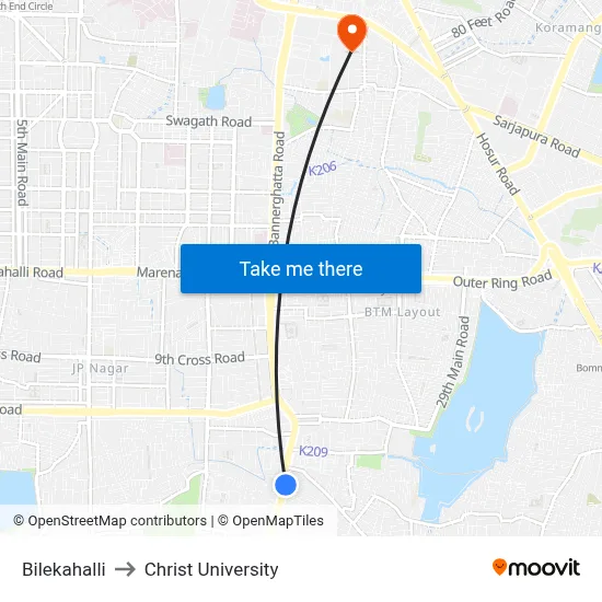 Bilekahalli to Christ University map
