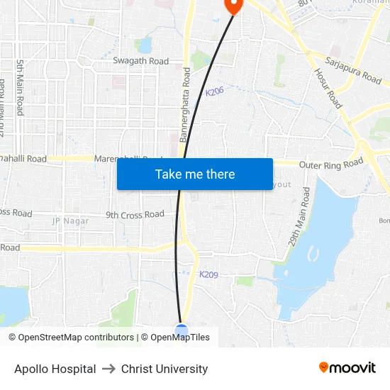 Apollo Hospital to Christ University map