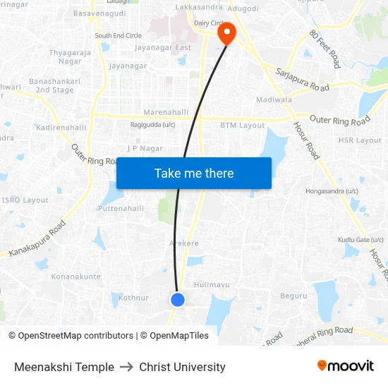 Meenakshi Temple to Christ University map