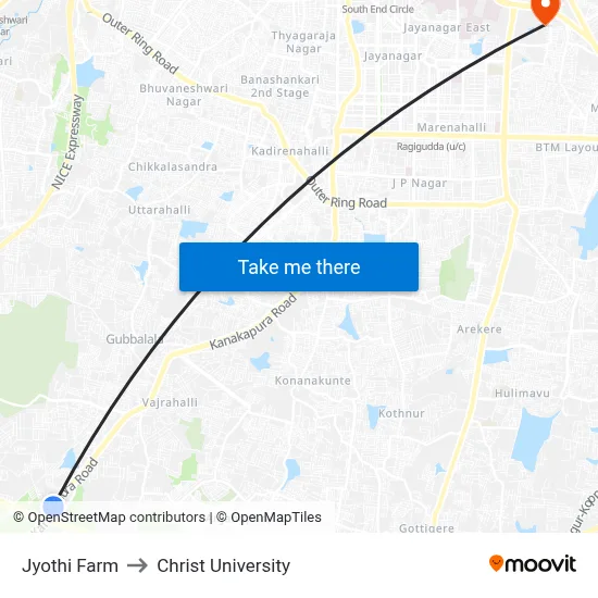 Jyothi Farm to Christ University map