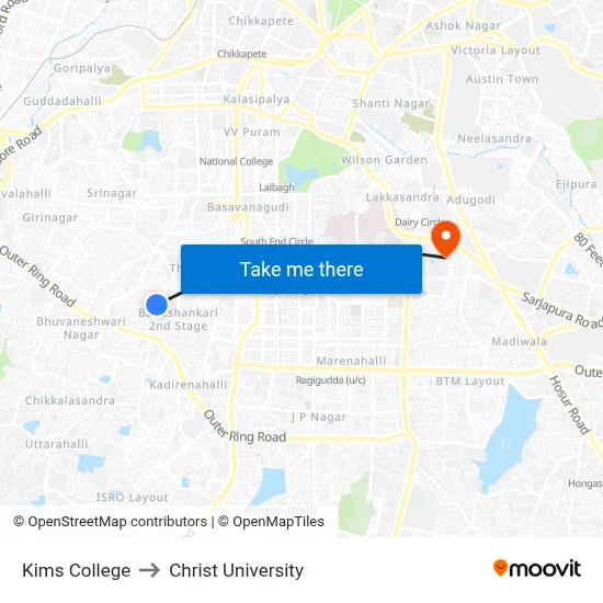 Kims College to Christ University map