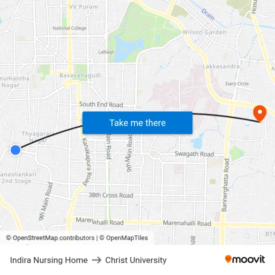 Indira Nursing Home to Christ University map