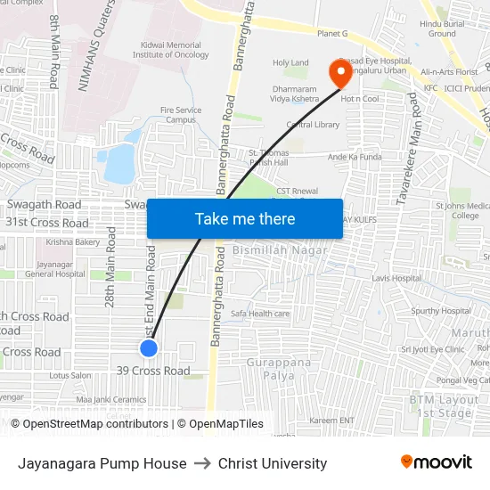 Jayanagara Pump House to Christ University map