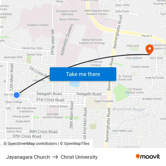 Jayanagara Church to Christ University map