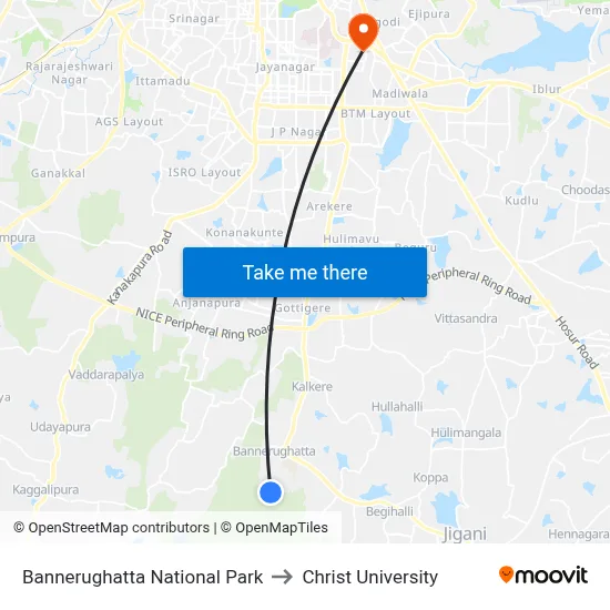 Bannerughatta National Park to Christ University map