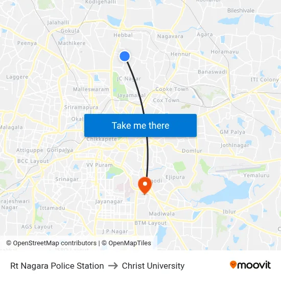 Rt Nagara Police Station to Christ University map