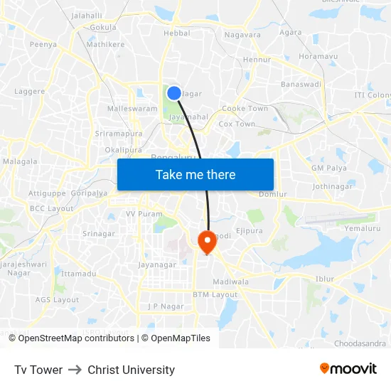 Tv Tower to Christ University map