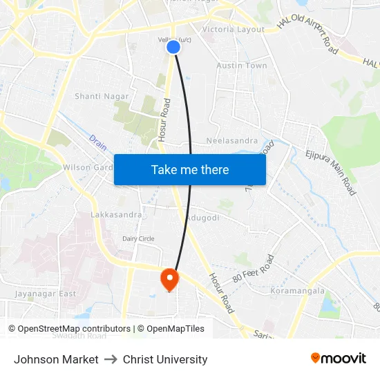 Johnson Market to Christ University map