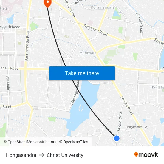 Hongasandra to Christ University map