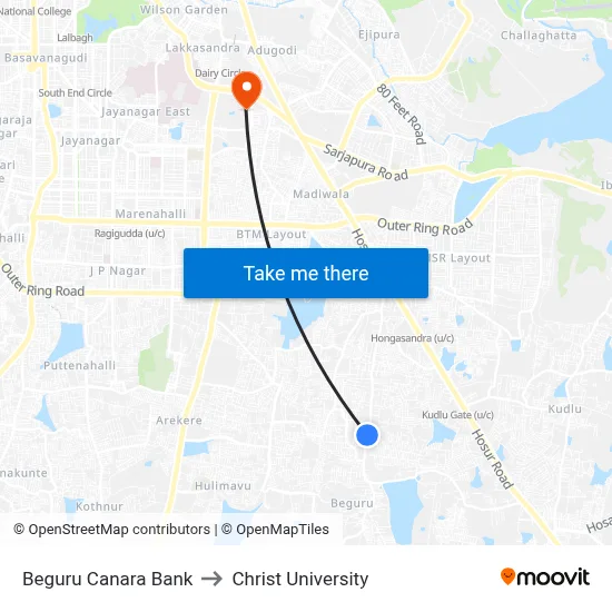 Beguru Canara Bank to Christ University map