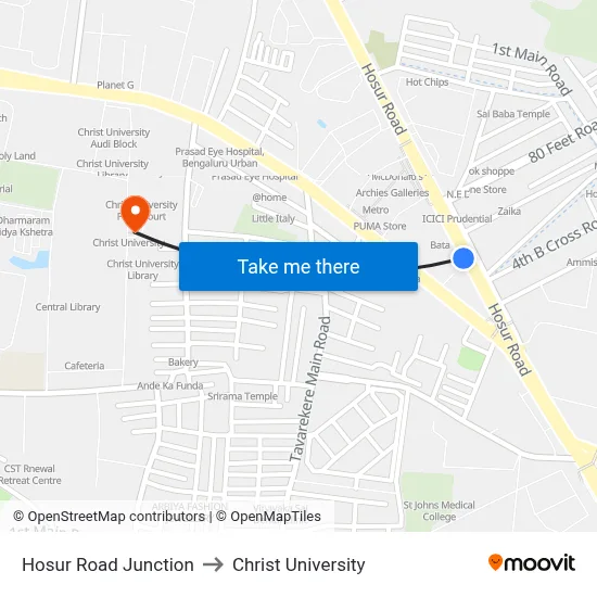 Hosur Road Junction to Christ University map