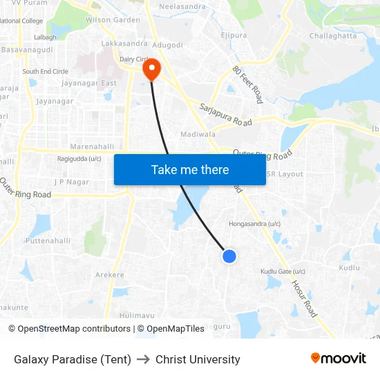 Galaxy Paradise (Tent) to Christ University map