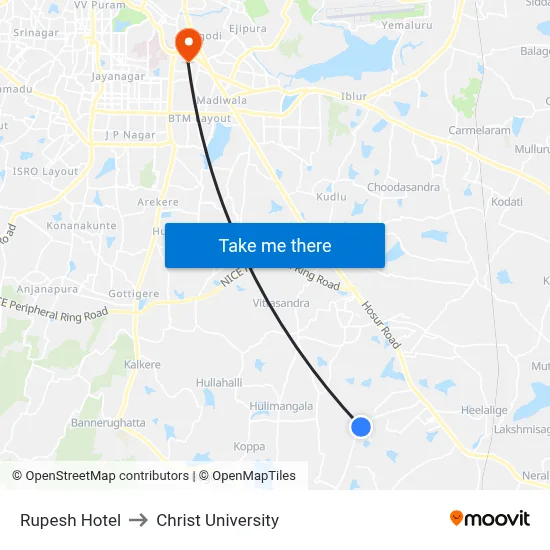Rupesh Hotel to Christ University map