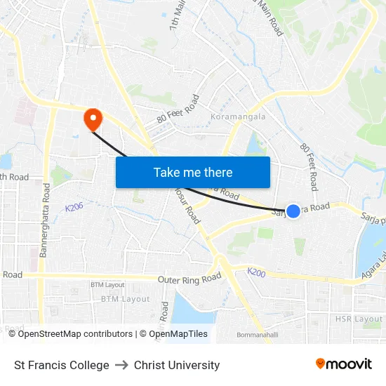 St Francis College to Christ University map
