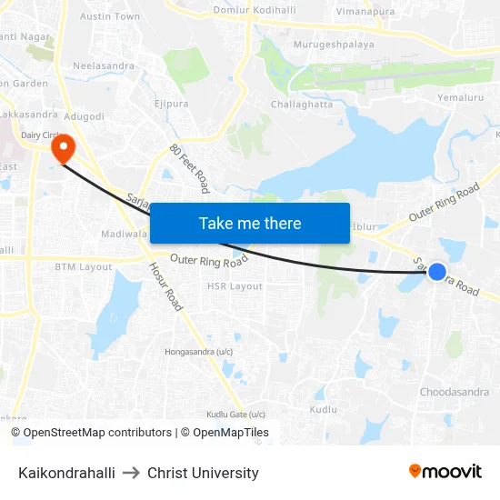 Kaikondrahalli to Christ University map