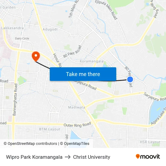 Wipro Park Koramangala to Christ University map