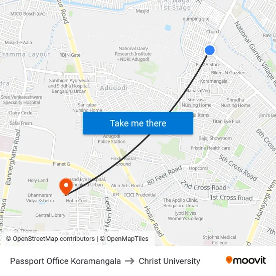 Passport Office Koramangala to Christ University map
