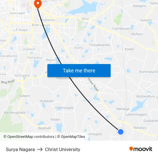 Surya Nagara to Christ University map