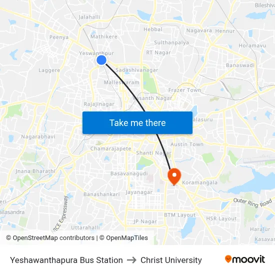 Yeshawanthapura Bus Station to Christ University map