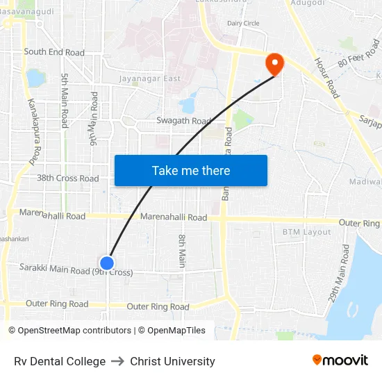 Rv Dental College to Christ University map