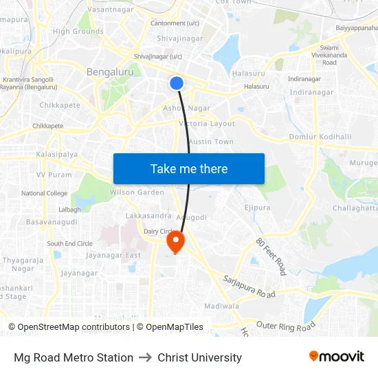 Mg Road Metro Station to Christ University map
