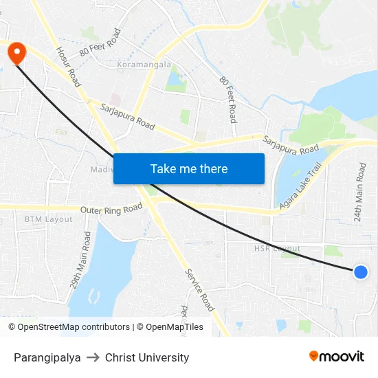 Parangipalya to Christ University map