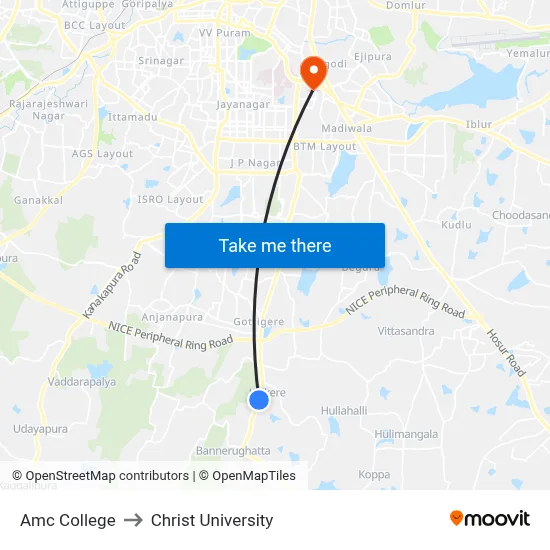 Amc College to Christ University map