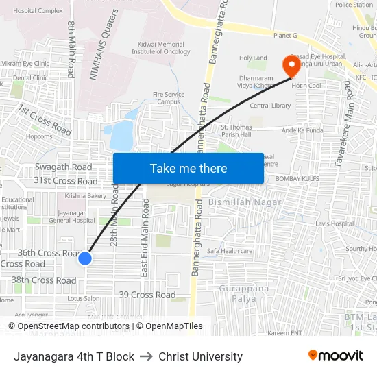 Jayanagara 4th T Block to Christ University map