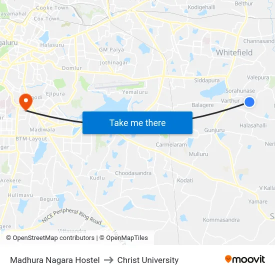 Madhura Nagara Hostel to Christ University map