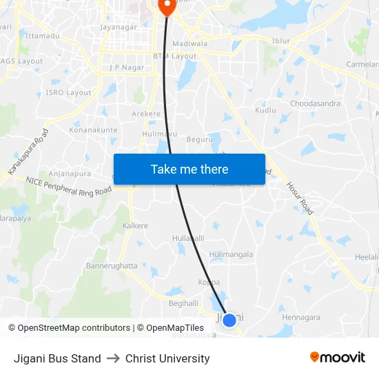 Jigani Bus Stand to Christ University map