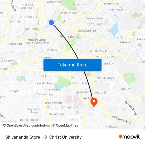 Shivananda Store to Christ University map