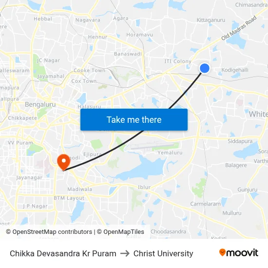 Chikka Devasandra Kr Puram to Christ University map