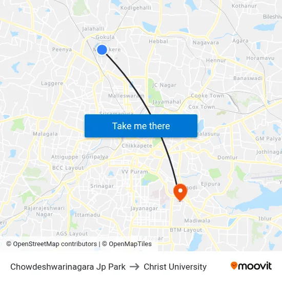 Chowdeshwarinagara Jp Park to Christ University map