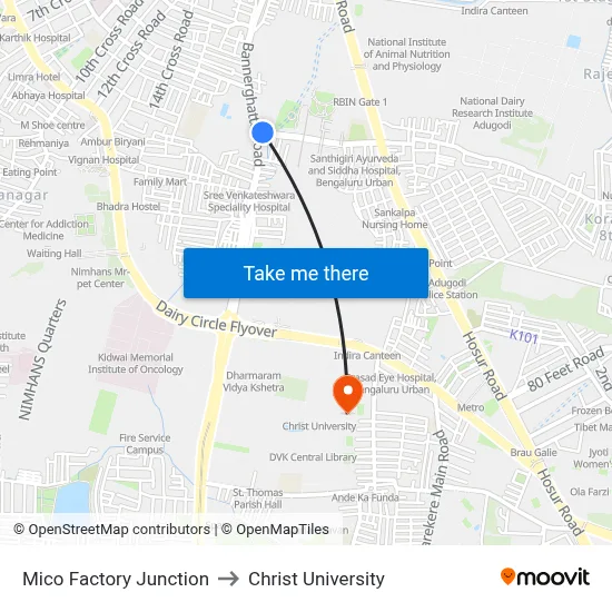 Mico Factory Junction to Christ University map