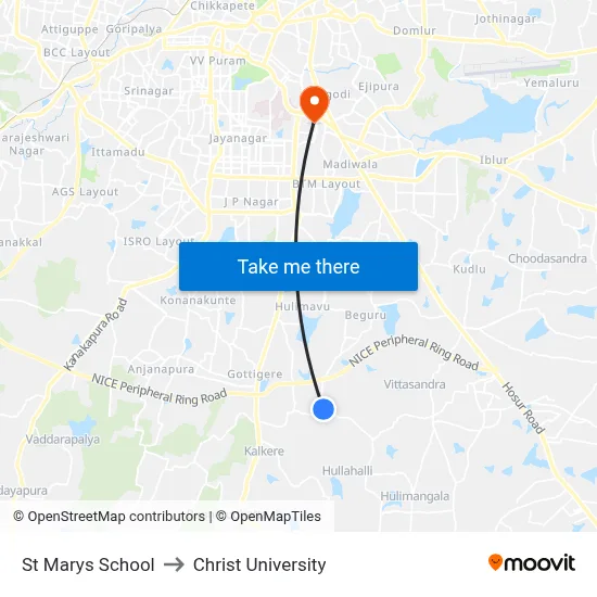 St Marys School to Christ University map