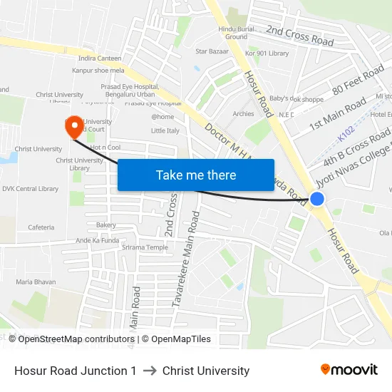 Hosur Road Junction 1 to Christ University map