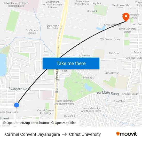 Carmel Convent Jayanagara to Christ University map