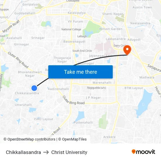 Chikkallasandra to Christ University map