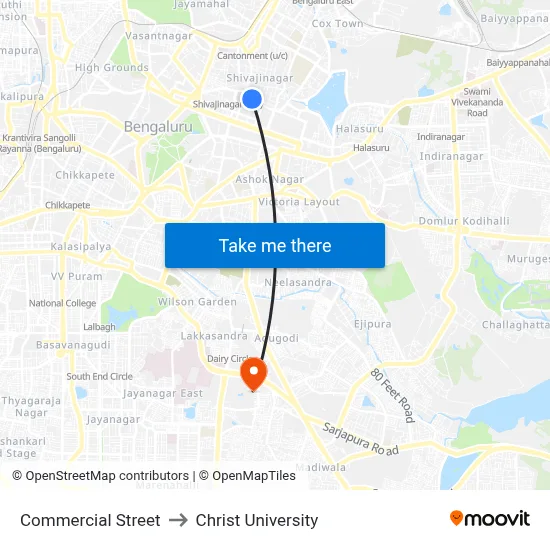 Commercial Street to Christ University map