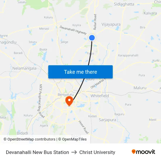 Devanahalli New Bus Station to Christ University map