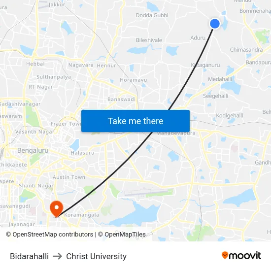 Bidarahalli to Christ University map