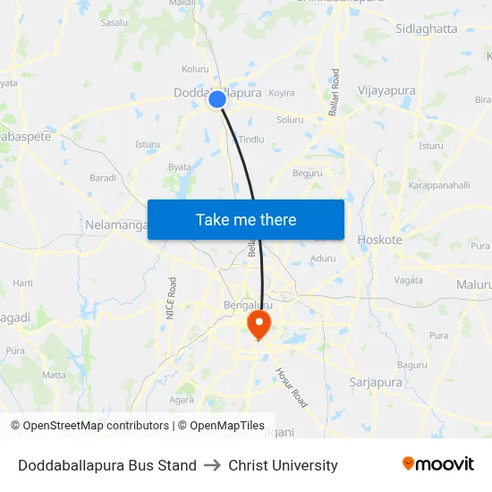 Doddaballapura Bus Stand to Christ University map
