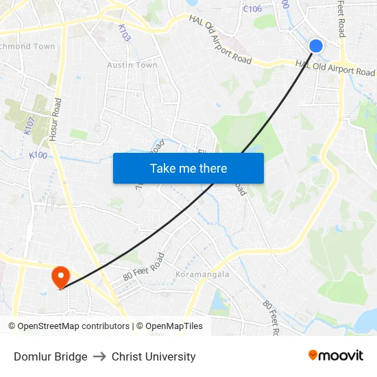 Domlur Bridge to Christ University map